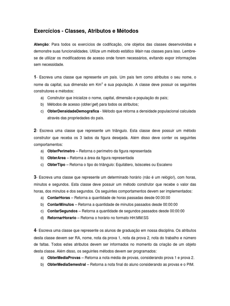 Exercícios de Programação em Classes e Métodos | PDF | Classe ...