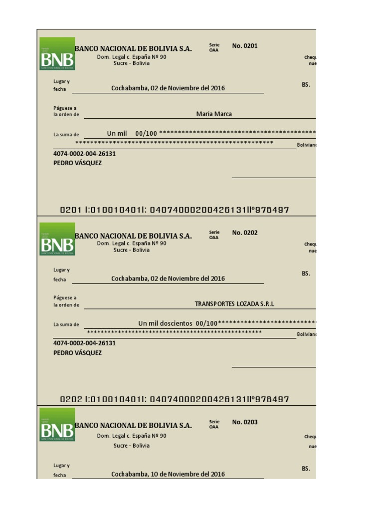 Cheques del Banco Nacional de Bolivia | PDF | Bolivia | Bancario
