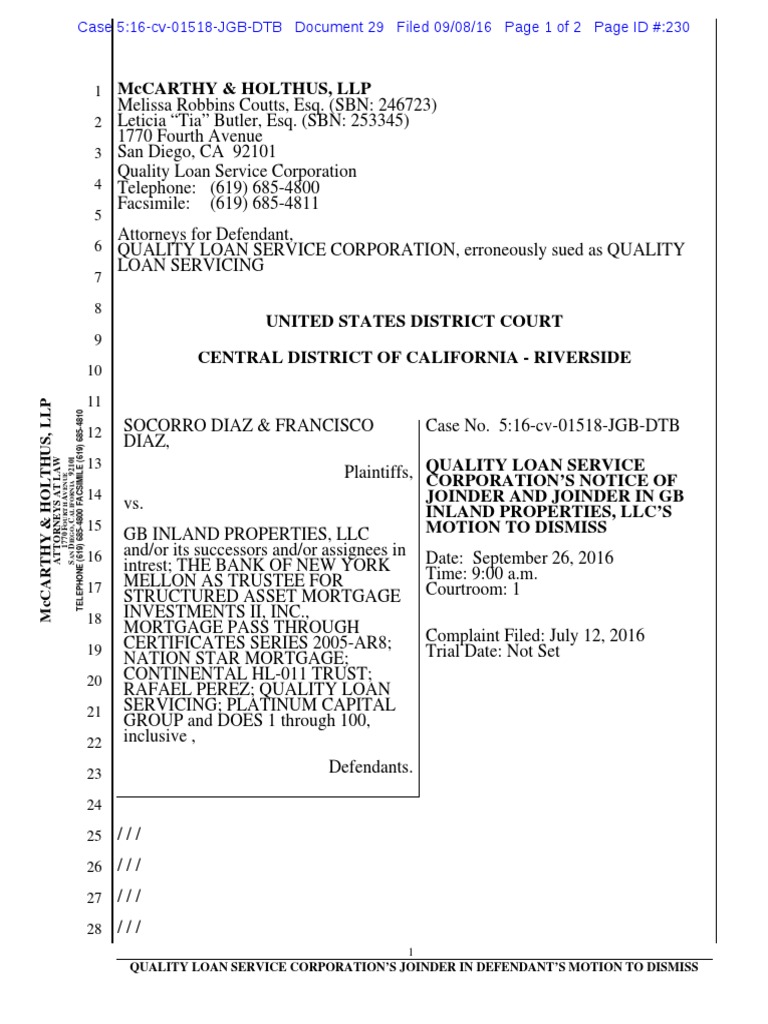 Mccarthy & Holthus, LLP Quality Loan Service Corporation'S Joinder in