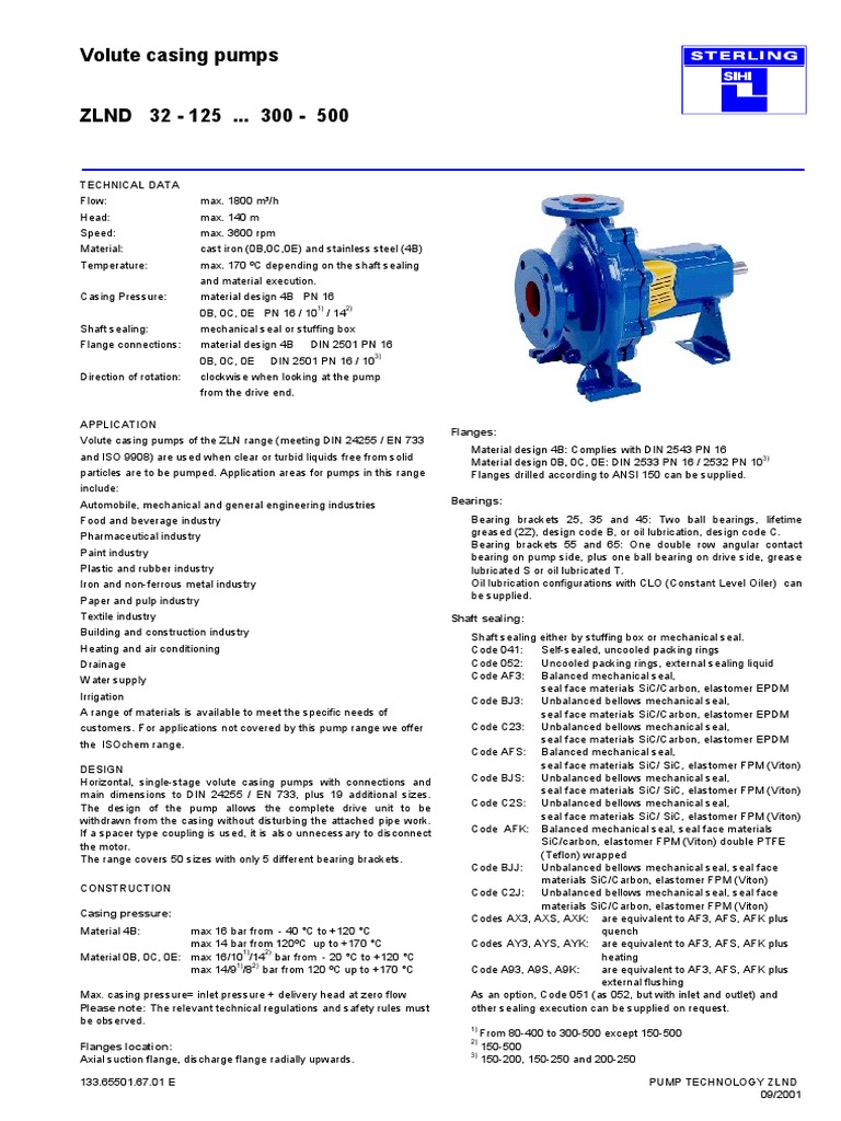 ZLND Volute Casing Pump Specifications | PDF | Bearing (Mechanical) | Pump
