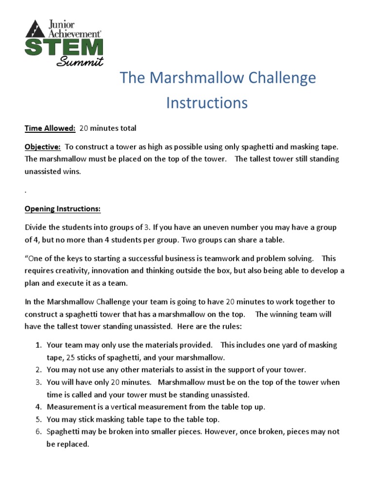 The Marshmallow Challenge Instructions PDF Cognition
