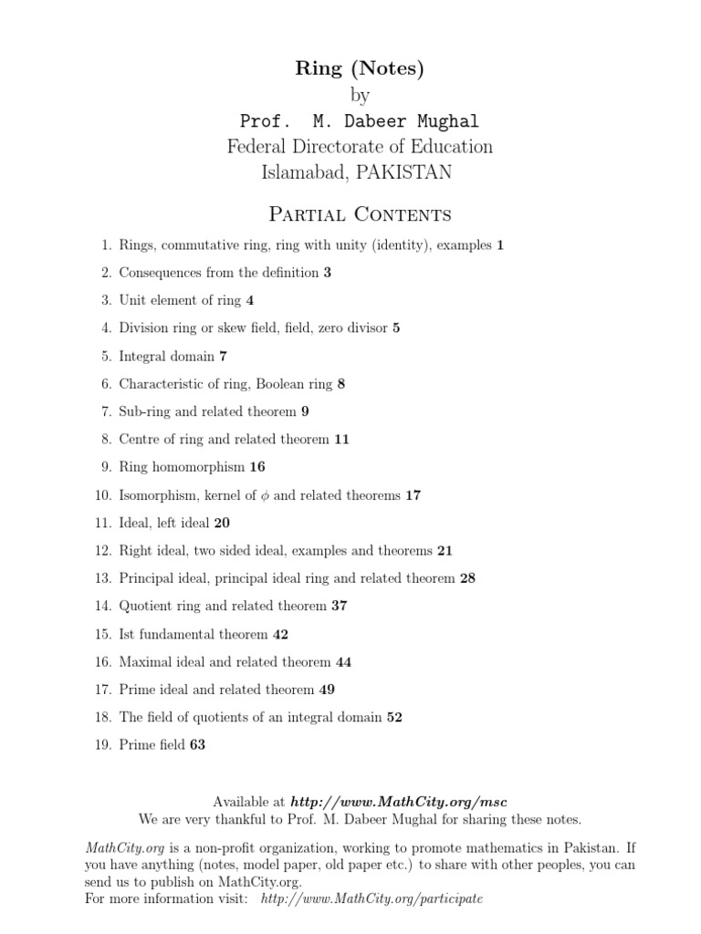 Ring (Notes) by Prof M Dabeer Mughal | PDF | Ring (Mathematics) | Field ...