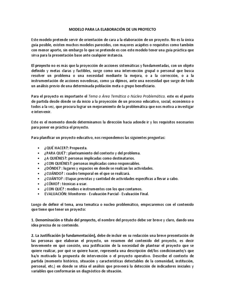 Modelo para La Elaboración de Un Proyecto | PDF | Evaluación | Presupuesto