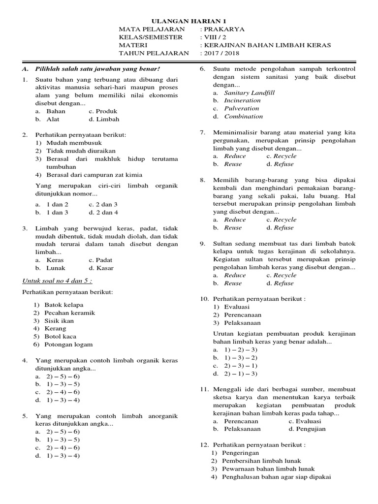 1 Soal Mid Semester 2 Prakarya Kelas 8