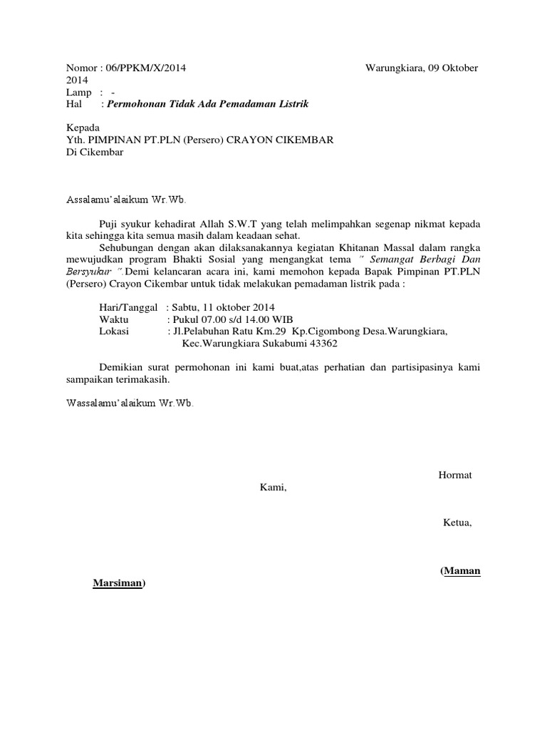 Contoh Surat Kepada Pln