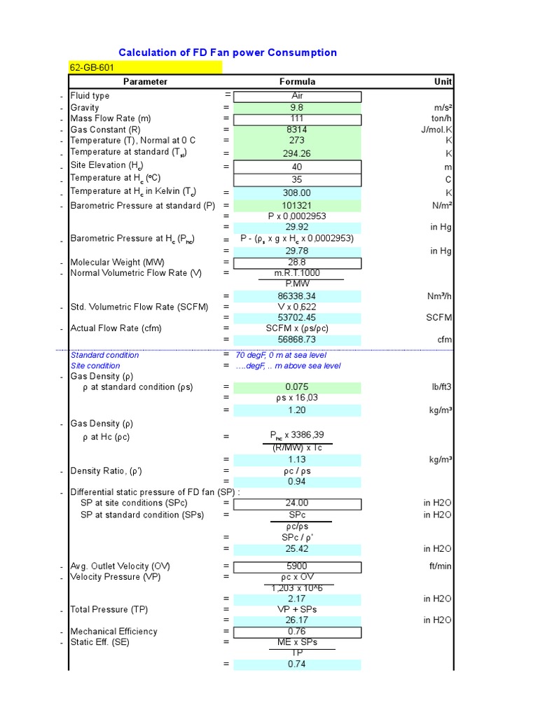 Calculation FD Fan Power | PDF | International System Of Units | Units ...