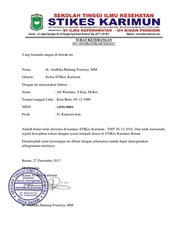 SURAT KETERANGAN Diterima Di Kampus STIKES Karimun | PDF
