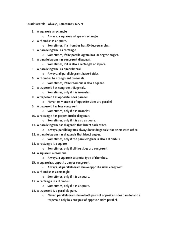 QuadrilateralAlways, Sometimes. Never (Answers) Rectangle