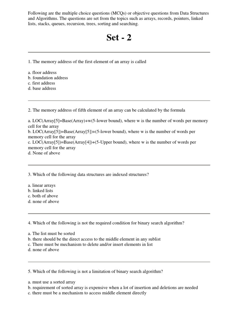 Following Are the Multiple Choice Questions | Array Data Structure | C ...
