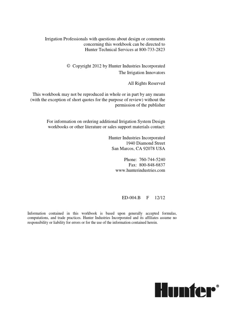 Hunter Irrigation Systems Design Guide Student Guide Dom PDF