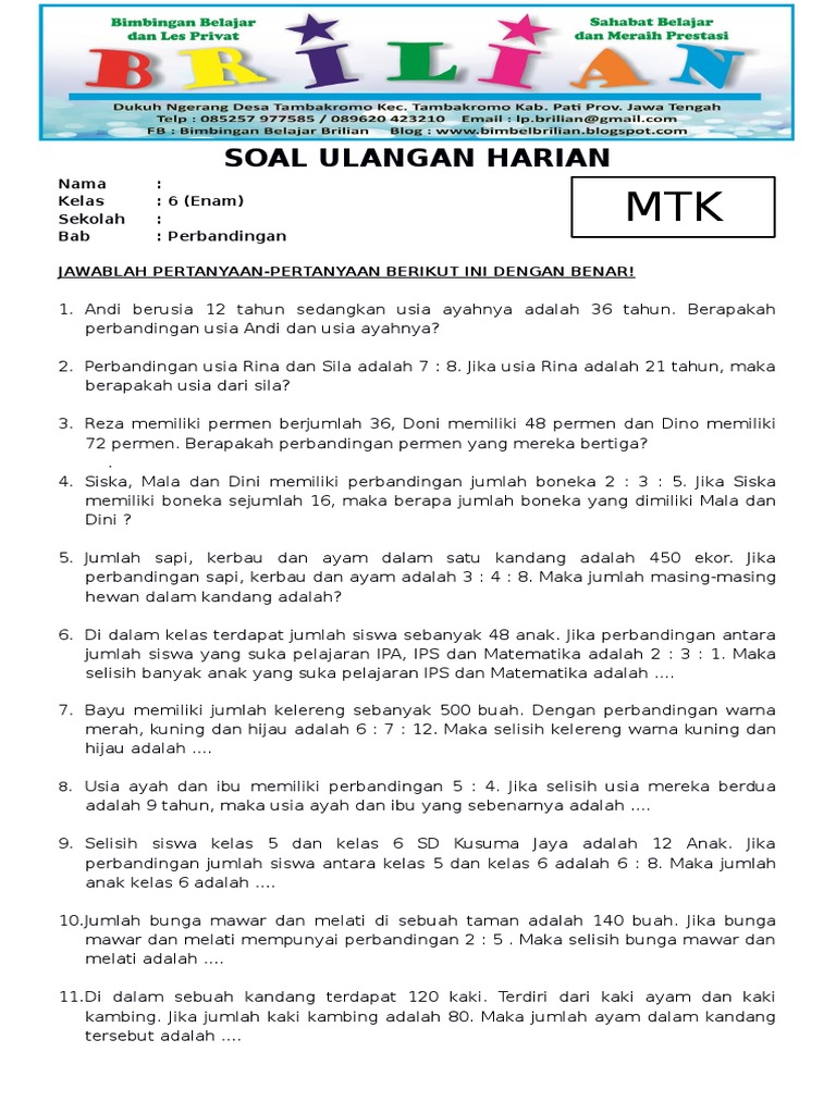Soal Matematika Kelas 6 Sd Bab Perbandingan