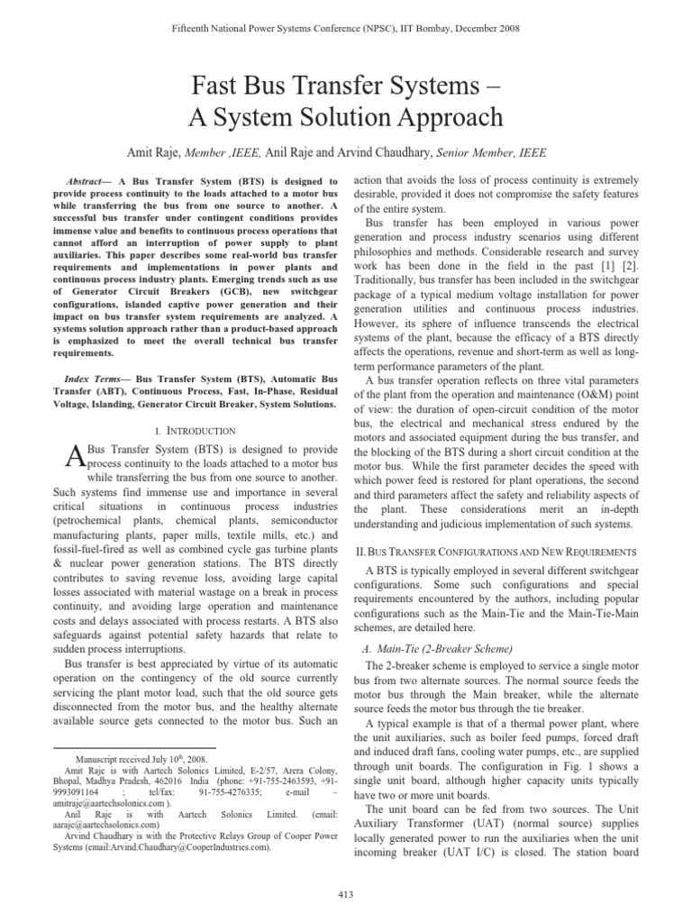 Fast Bus Transfer Systems A System Solution Approach PDF Electrical Grid Electric Power