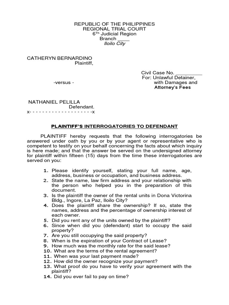 Iloilo City: Plaintiff'S Interrogatories To Defendant | PDF ...
