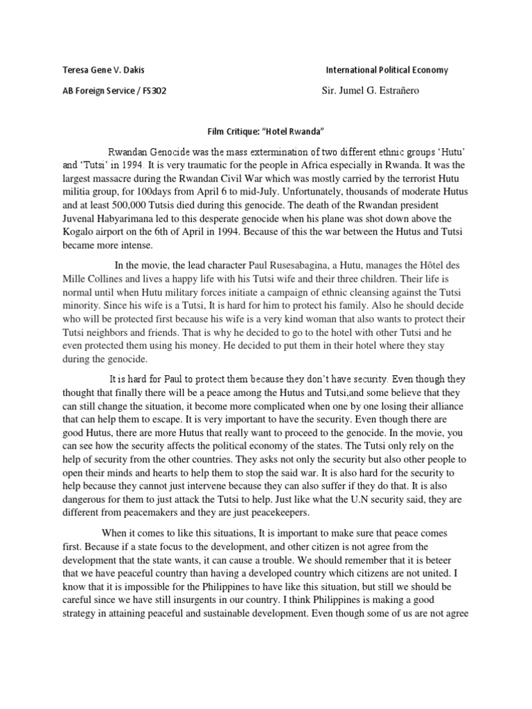 Film Critique: Hotel Rwanda | PDF | Hutu | Tutsi