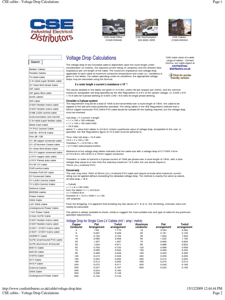 CSE Cables - Voltage Drop Calculations | PDF | Alternating Current ...
