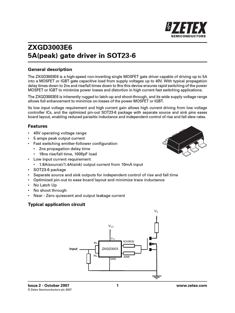 ZXGD3003E6 5A (Peak) Gate Driver in SOT23-6: General