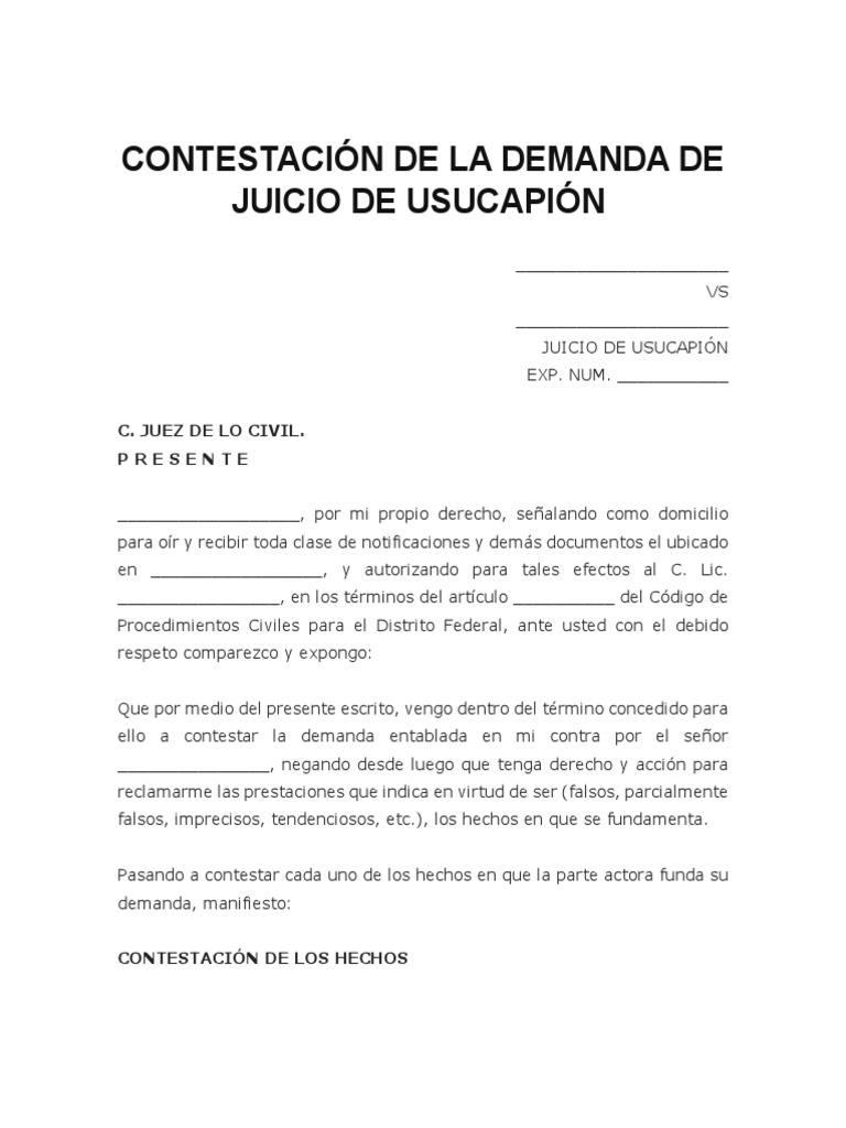 Contestación de La Demanda de Juicio de Usucapión | PDF | Demanda judicial  | Virtud