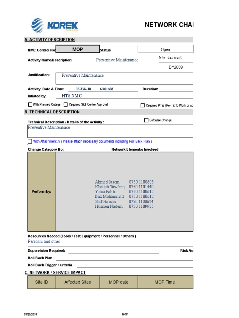 Network Change Request / New Mop Form Open Kfri Duz Road PDF Information Technology