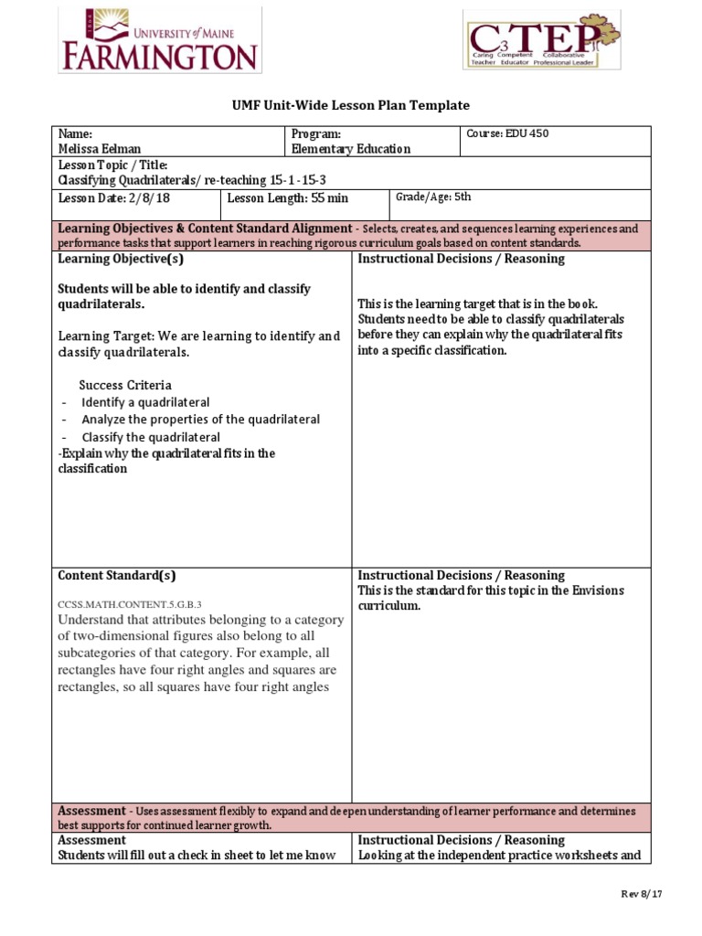 UMF Unit-Wide Lesson Plan Template | PDF | Learning | Behavior Modification