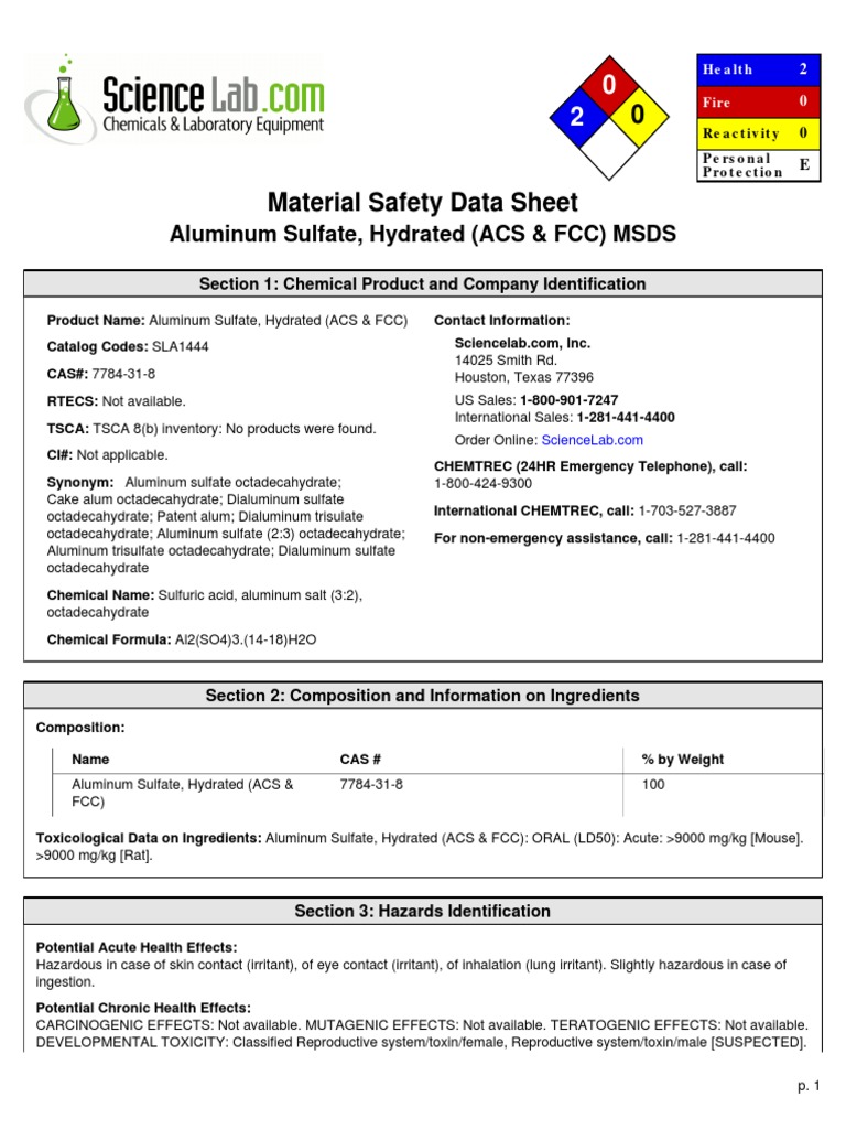 Aluminum Sulfate, Hydrated (ACS & FCC) MSDS Section 1 Chemical