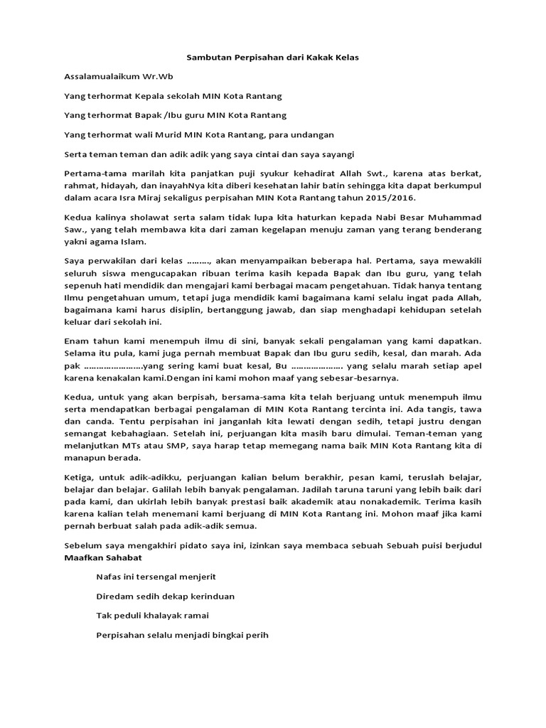 Sambutan Perpisahan Dari Kakak Kelas | PDF