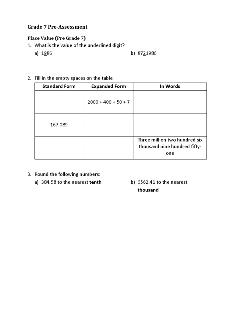 Grade 7 Math Pre-Assessment Guide | PDF | Fraction (Mathematics ...