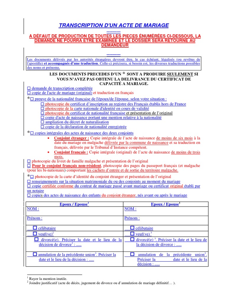Formulaire De Demande De Transcription De Mariage Demande de Transcription Mariage 08-04-2014 | PDF | Certificat de naissance  | Documents officiels