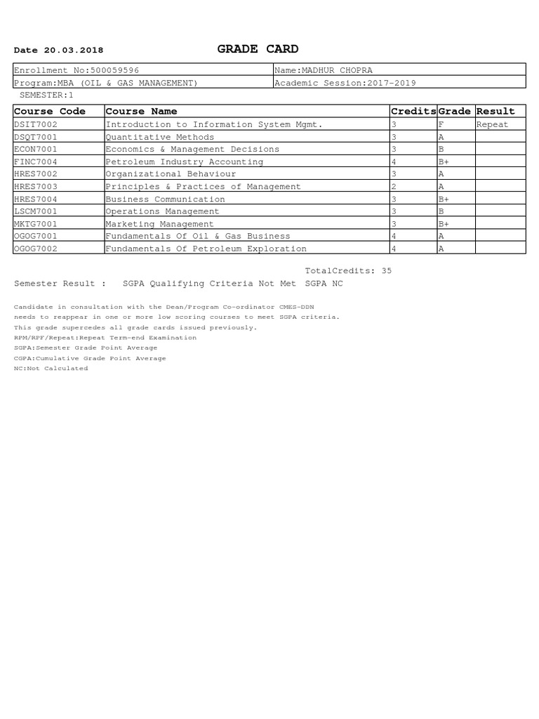 Grade Card: Course Code Course Name Credits Grade Result | PDF