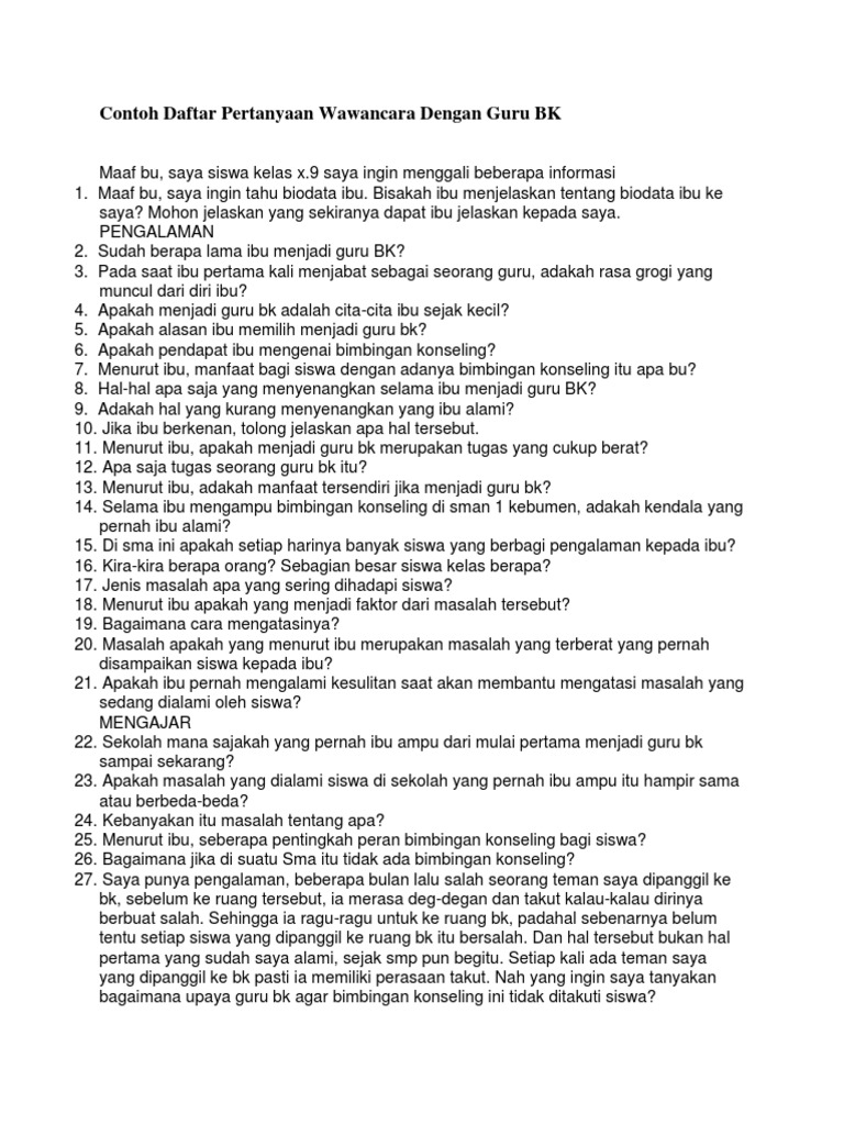 Contoh Daftar Pertanyaan Wawancara Dengan Guru Bk