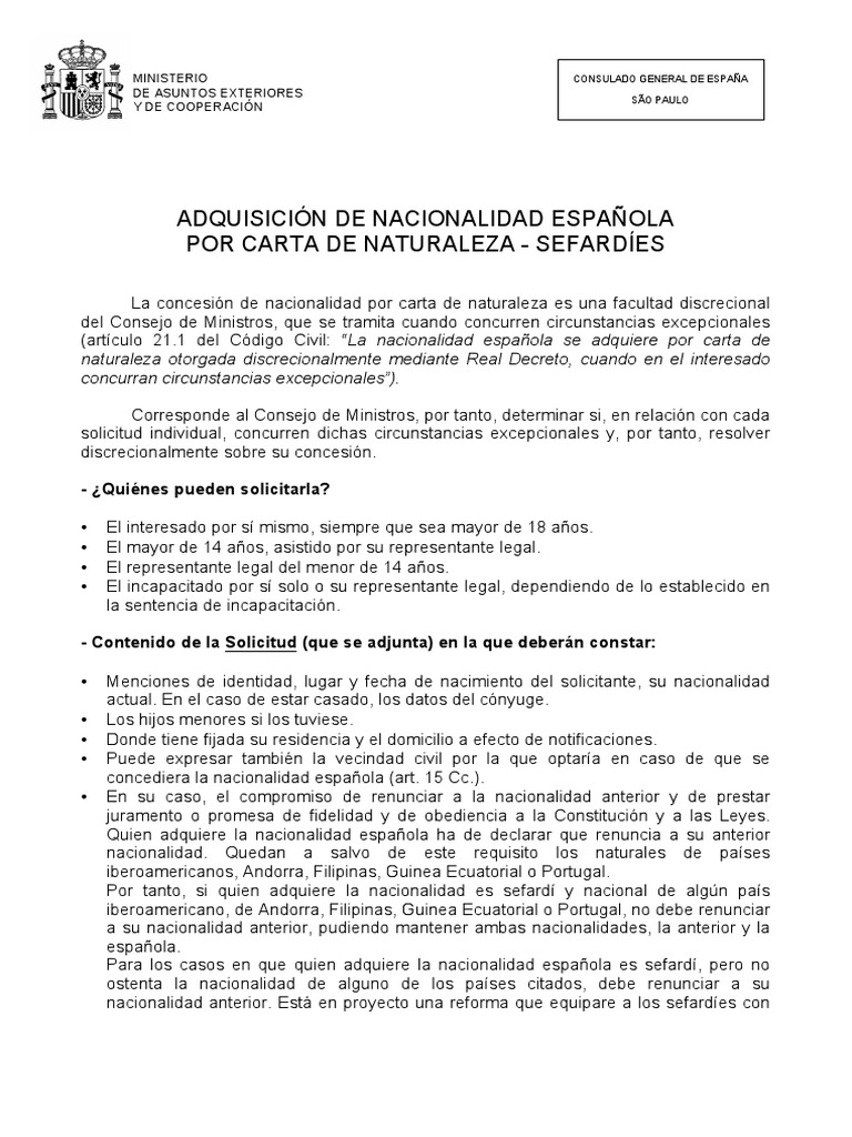 Adquisicion Nacionalidad Sefardies Pdf Nacionalidad Correo