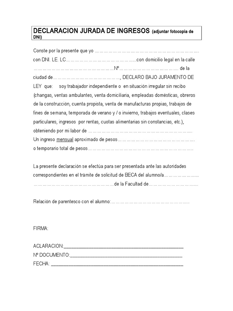 Declaracion Jurada de Ingresos | PDF | Finanzas y dinero | Hogar ...