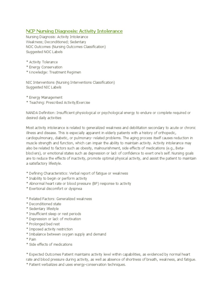 Nursing Care for Activity Intolerance | PDF | Weakness | Caregiver