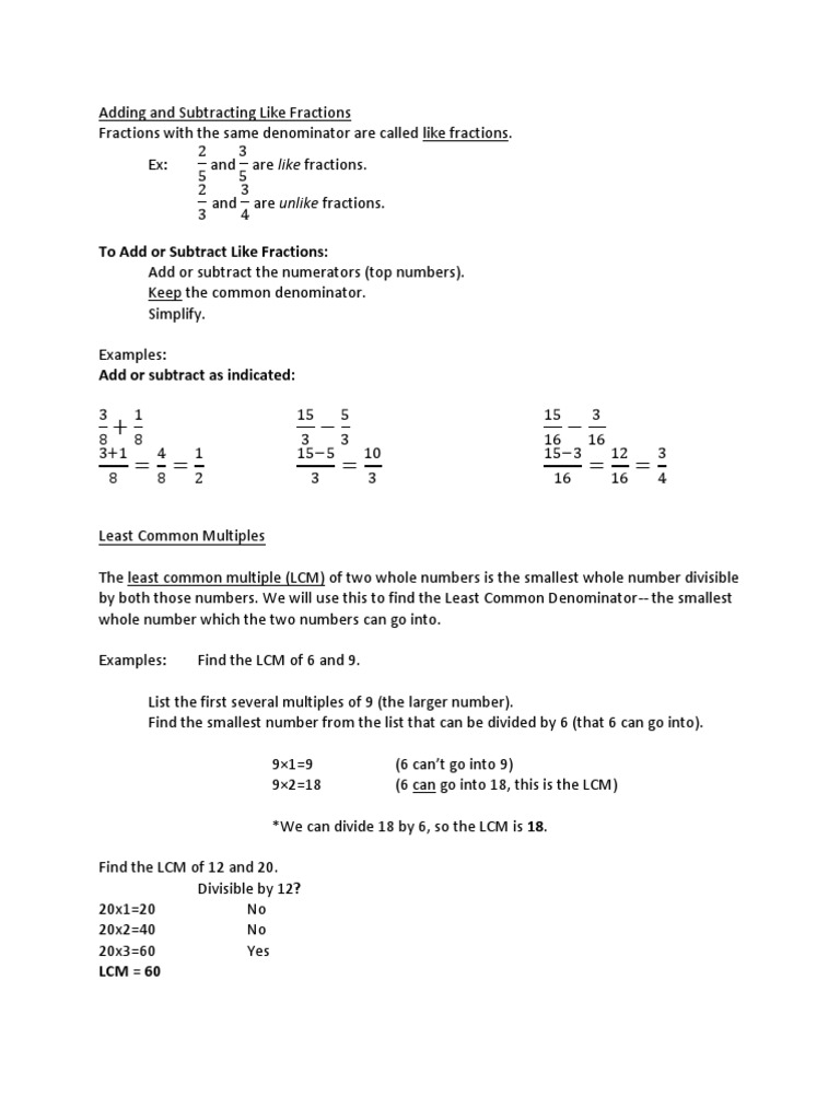 Adding and Subtracting Fractions Guide | PDF | Fraction (Mathematics ...
