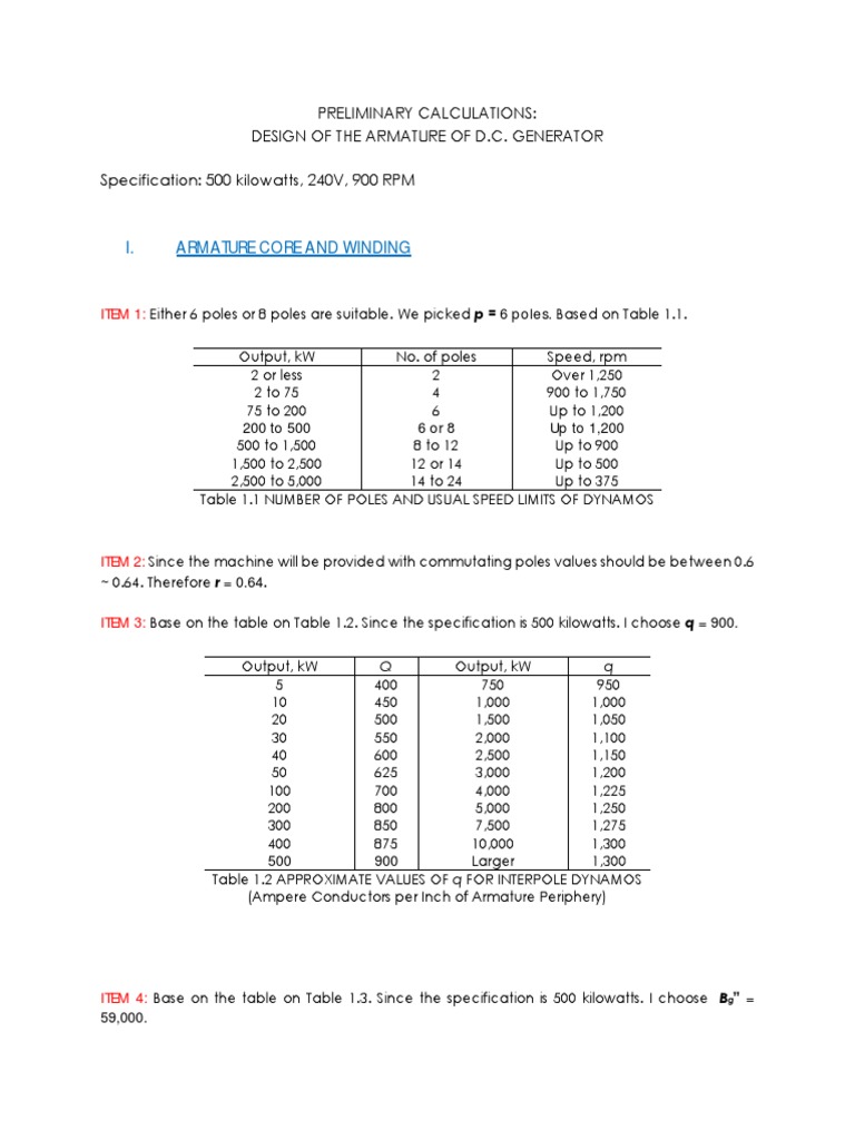 Preliminary Design Calculations for a 500 kW, 240V, 900 RPM D.C