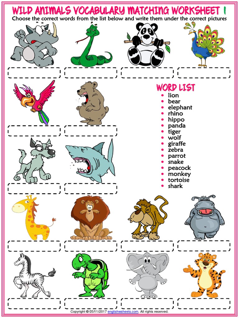 animals vocabulary esl matching exercise worksheets for kids pdf nature