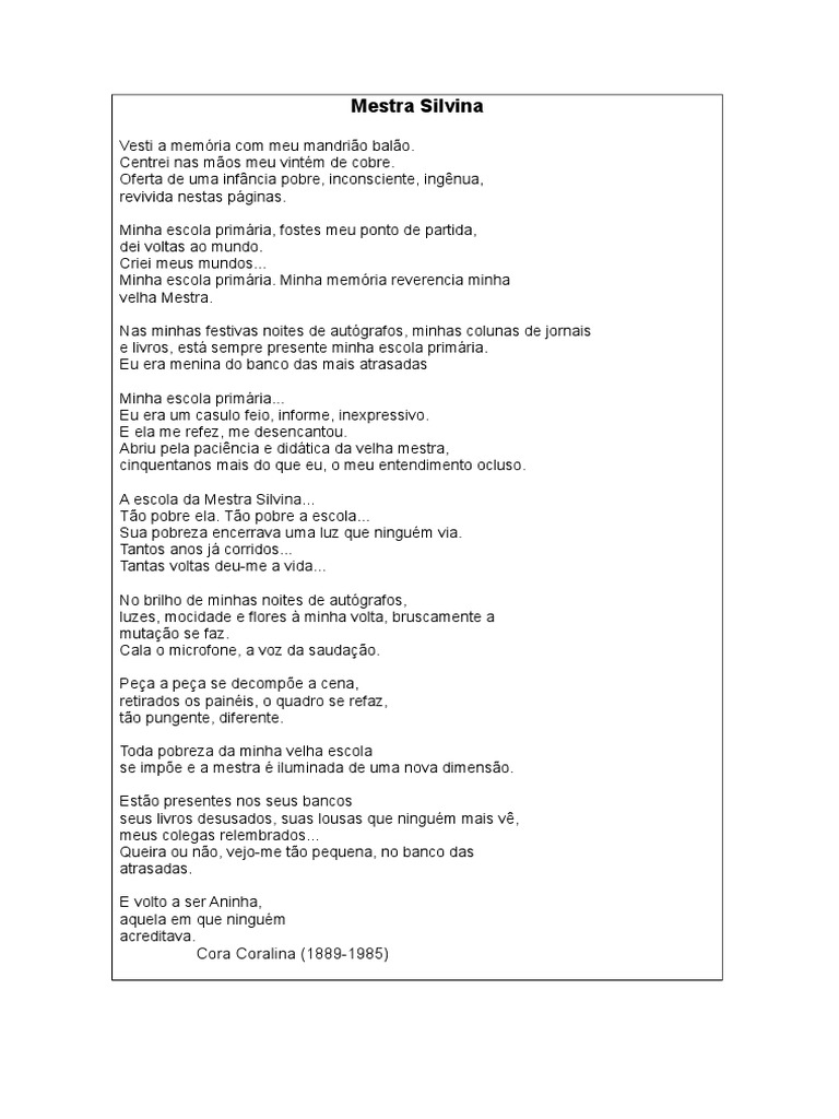 A Escola da Mestra Silvina: Memórias | PDF