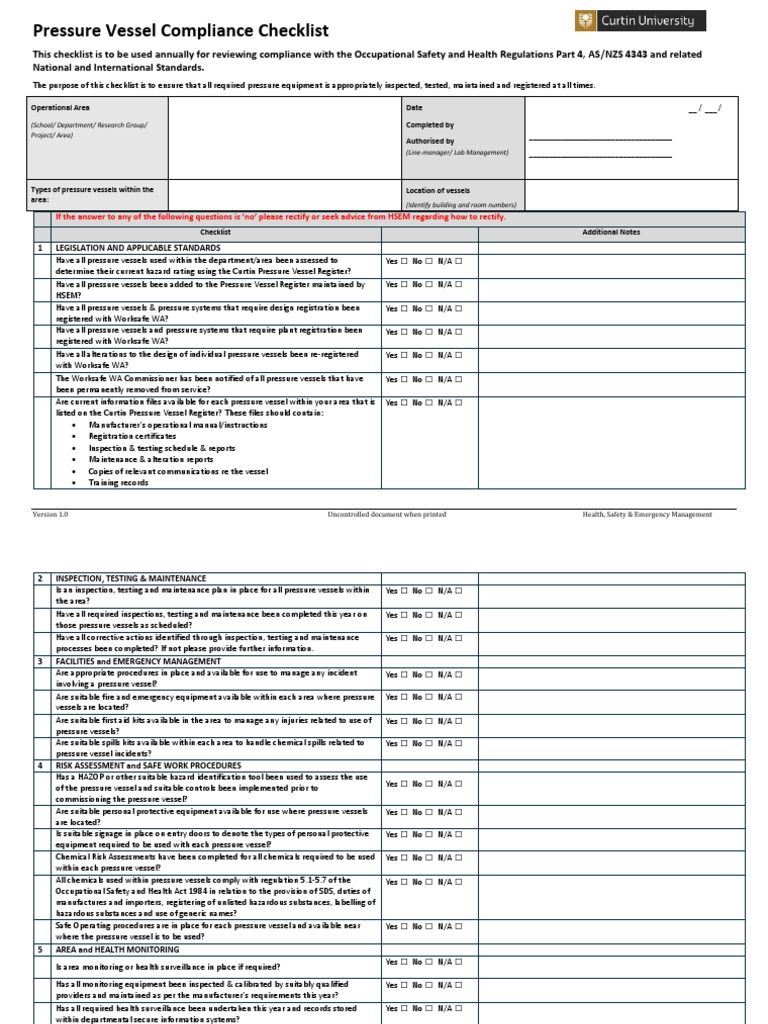 Pressure Vessel Compliance Checklist Prevention Occupational Safety