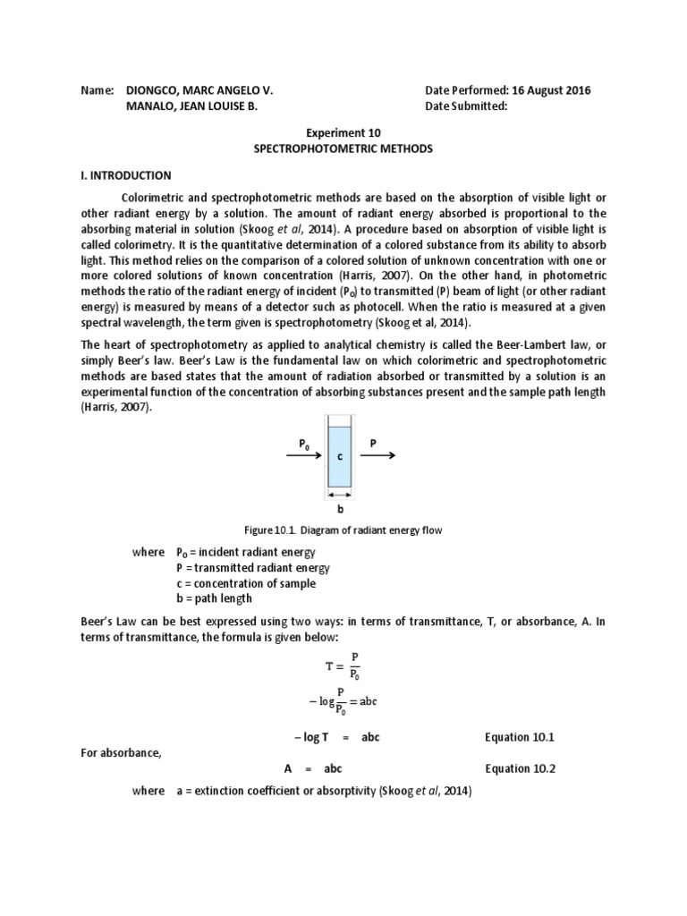 Spectrophotometric Methods Beer's Law Analysis PDF