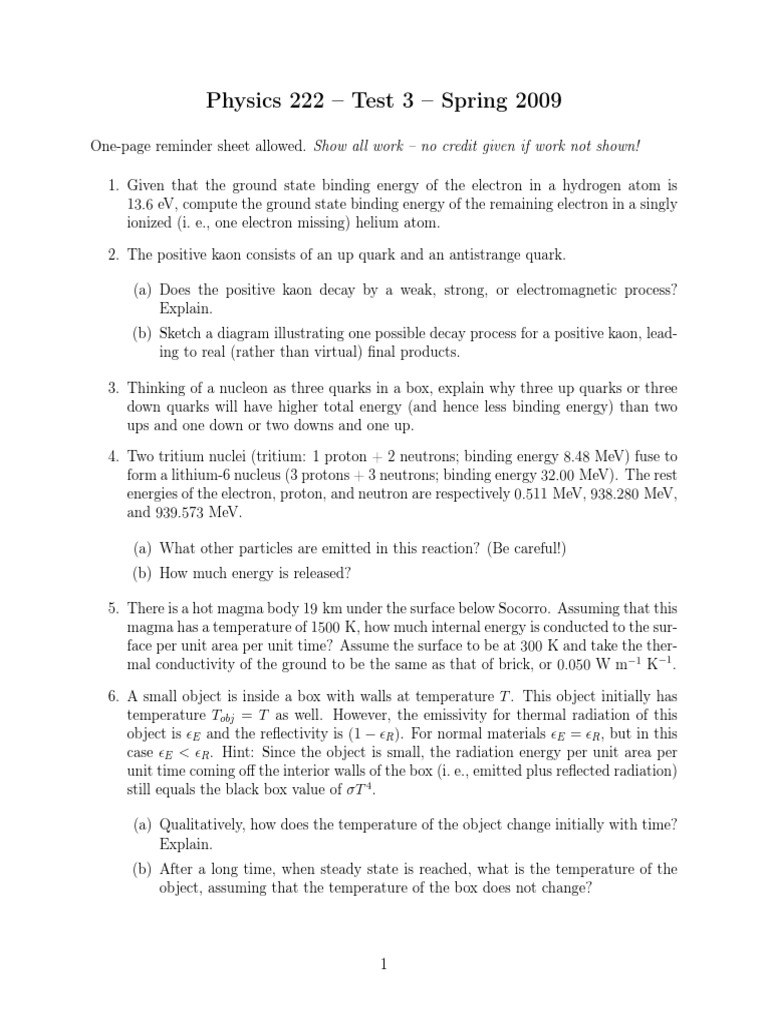 Physics 222 - Test 3 - Spring 2009 | PDF | Binding Energy | Neutron
