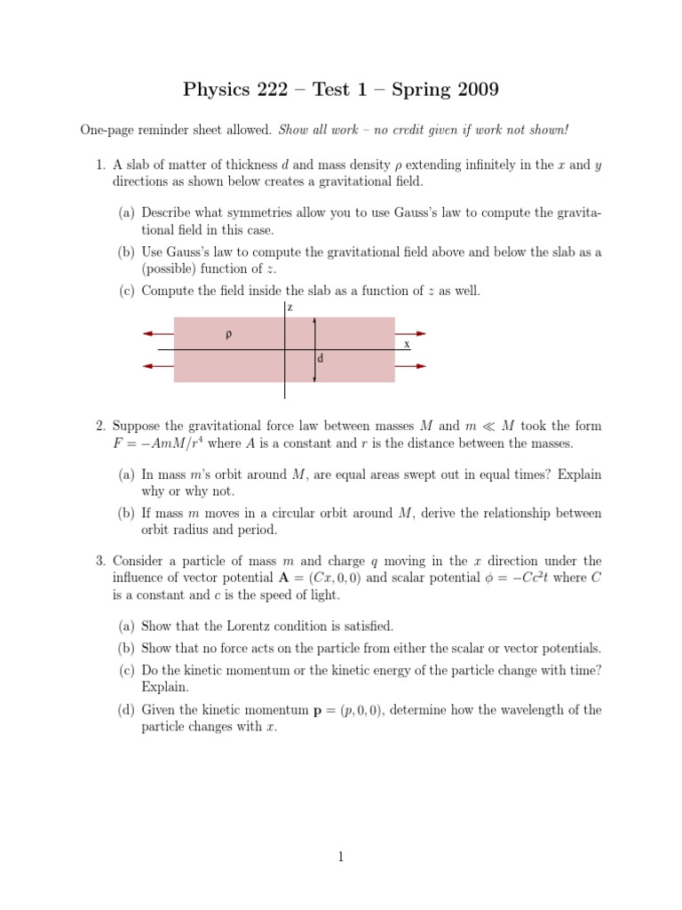Physics 222 Test 1 Spring 2009 PDF Speed Of Light Mass