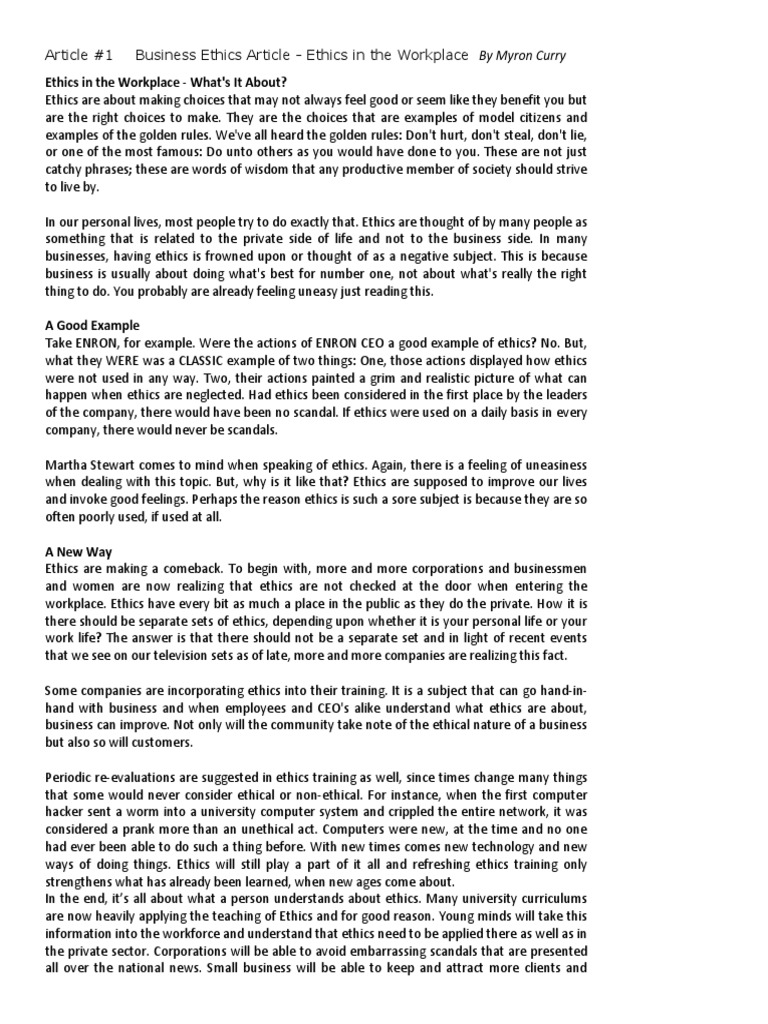 Business Ethics Article Business Ethics Regulatory Compliance