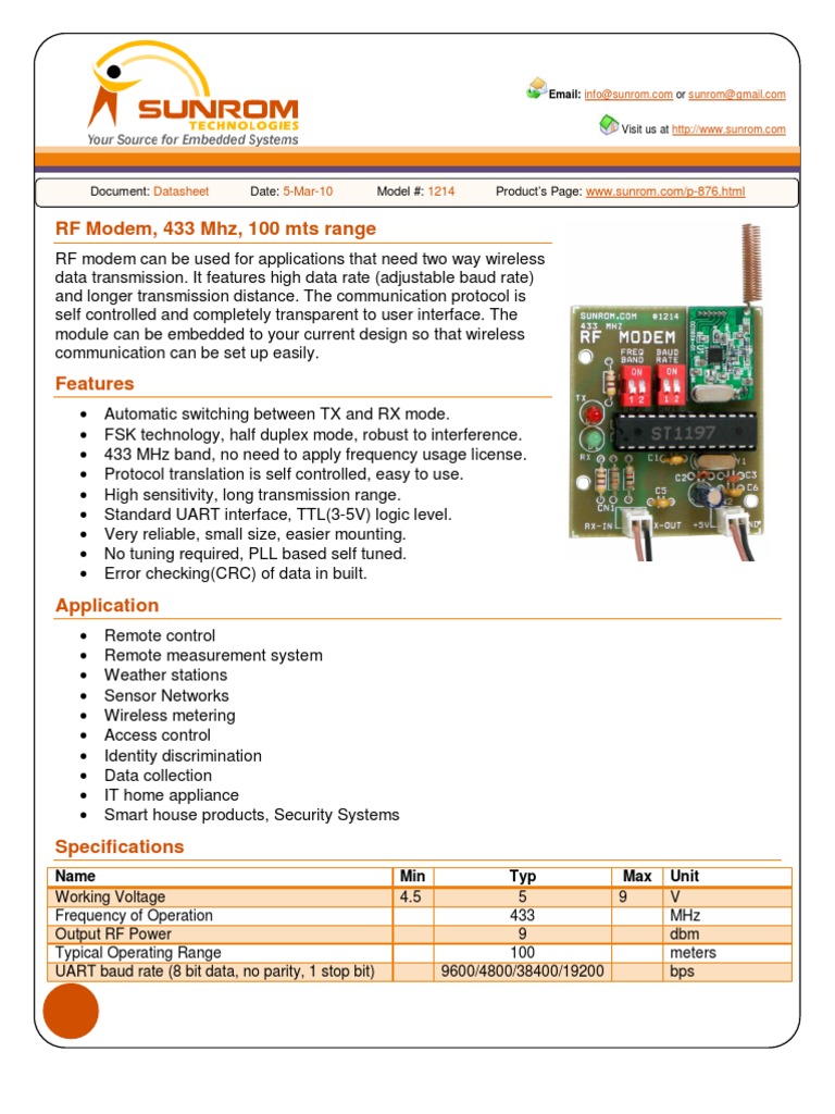 RF Modem 433 MHz Datasheet | PDF