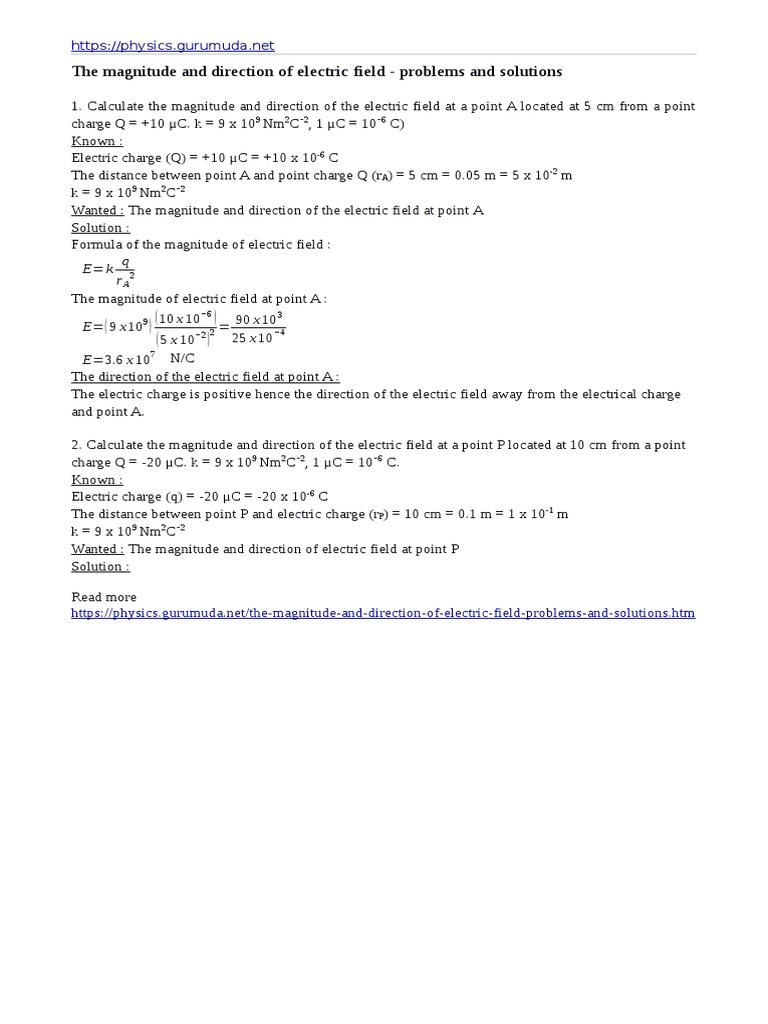 Electric Field Problems and Solutions PDF Electric Field Physics