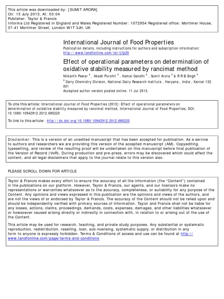 Int J Food Prop PDF PDF Cooking Oil Shelf Life