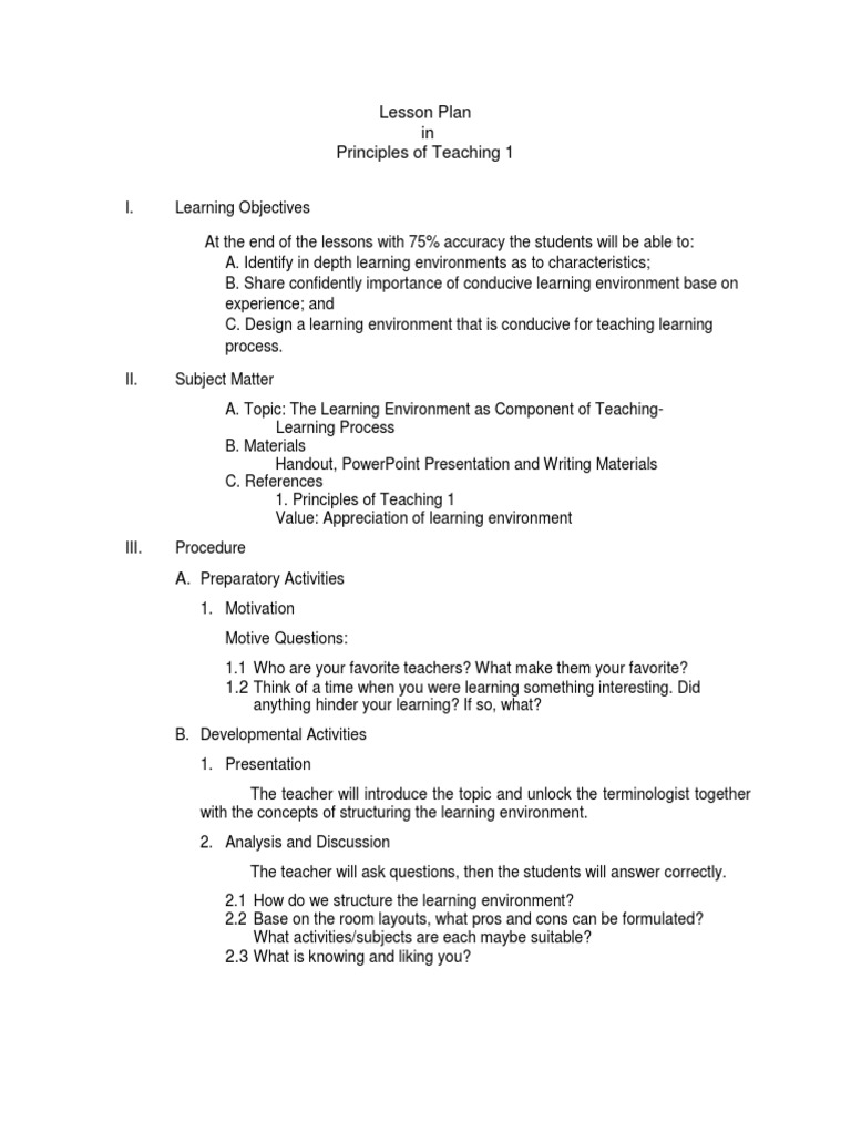 Lesson Plan in Principles of Teaching 1 | PDF | Lesson Plan | Classroom