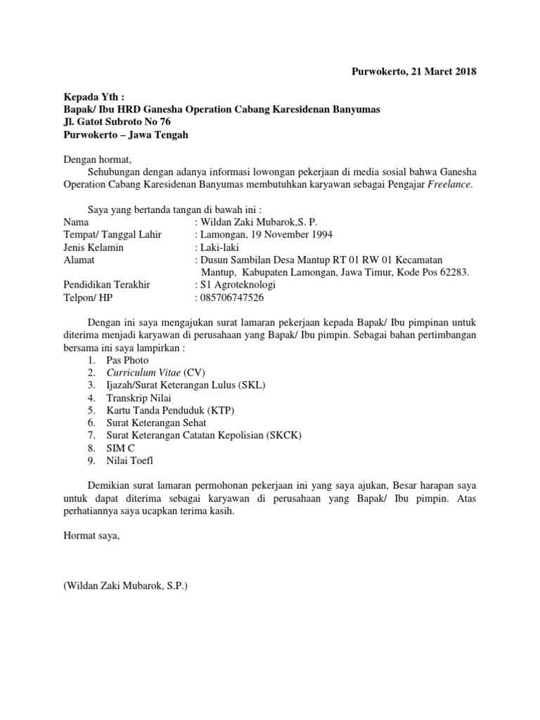 31 Contoh Surat Lamaran Kerja Yg Baik Dan Benar Doc Word