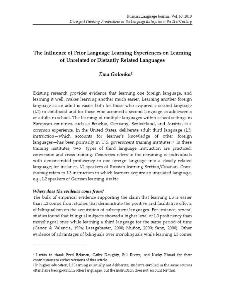 The Influence of Prior Language Learning Experiences On Learning of ...