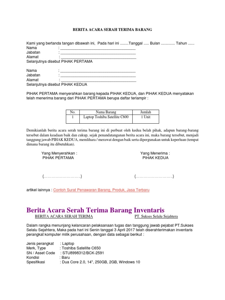 Contoh Surat Berita Acara Serah Terima Barang Informasi