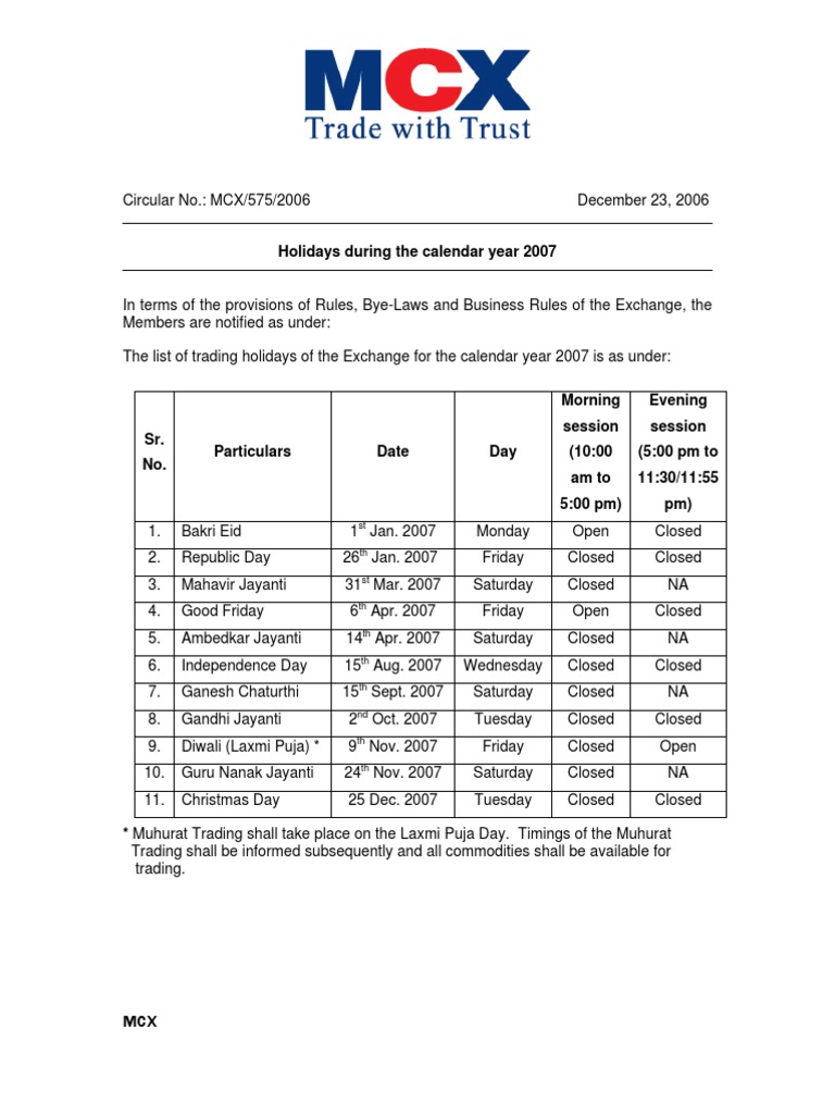 MCX Holidays  PDF  Observances  Holidays