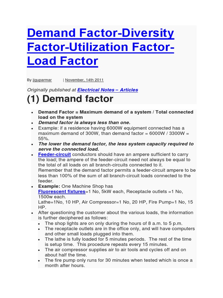 Demand FactorDiversity FactorUtilization FactorLoad Factor